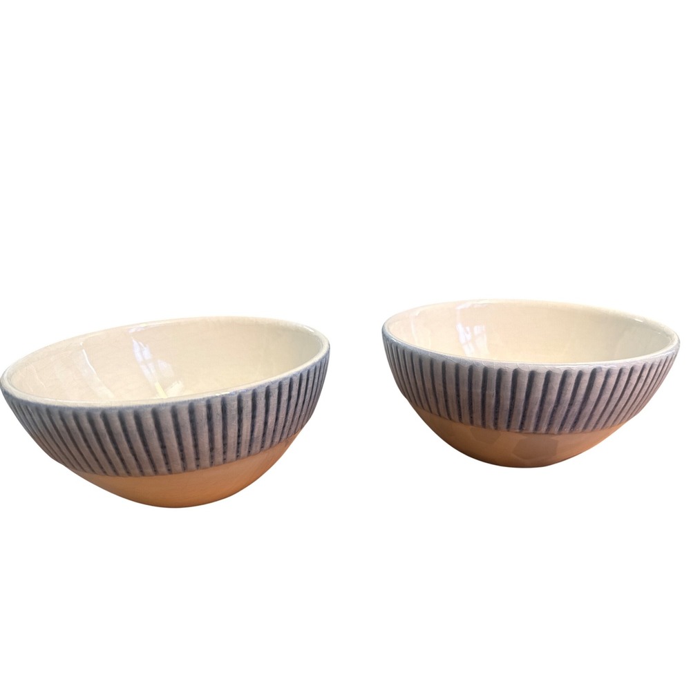 Primogera Portugal Stoneware Bowls Set of 2 Blue Ribbed Terracotta Base